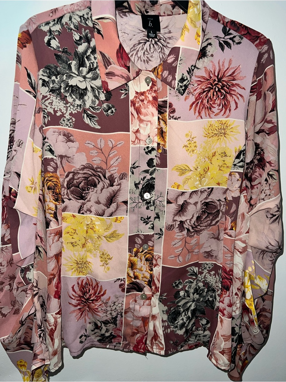B. Smart Floral Patchwork Button-Down Shirt in Pink, Yellow & Brown